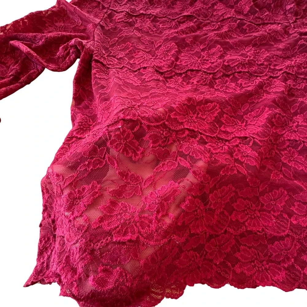 Red Floral Full Lace Long Sleeve Top Women Large Stretch Romantic Coquette Layer - Picture 5 of 9